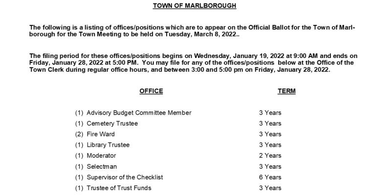 December 16, 2021  TOWN OF MARLBOROUGH  The following is a listing of offices/positions which are to appear on the Official Ball